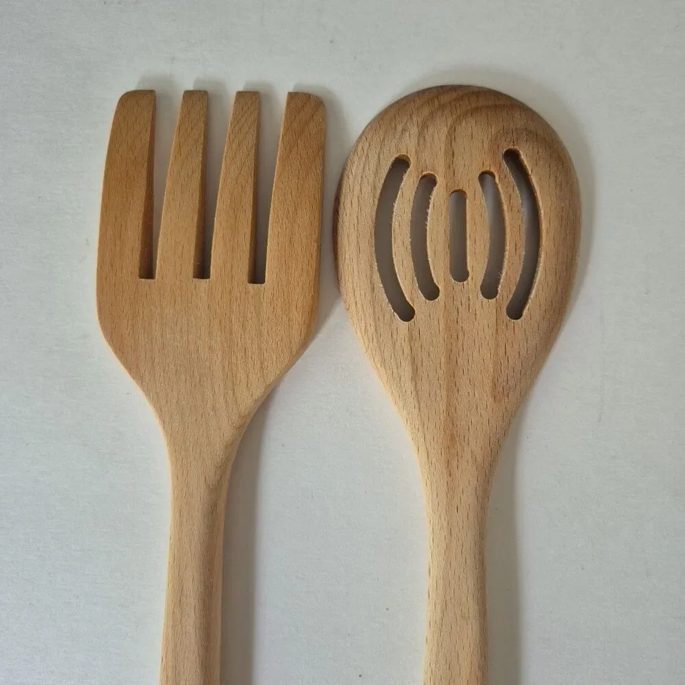 Bisetti Natural Wood Slotted Spoon and Fork Set Kitchen Utensils 13 IN Italy